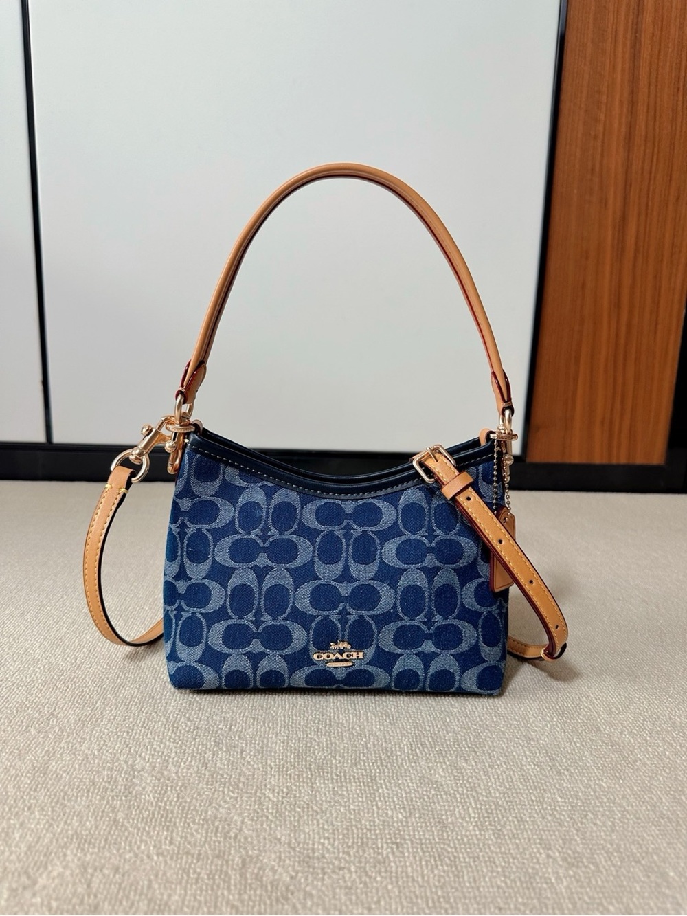 Coach Blue Signature Mini Shoulder Bag with Tan Strap